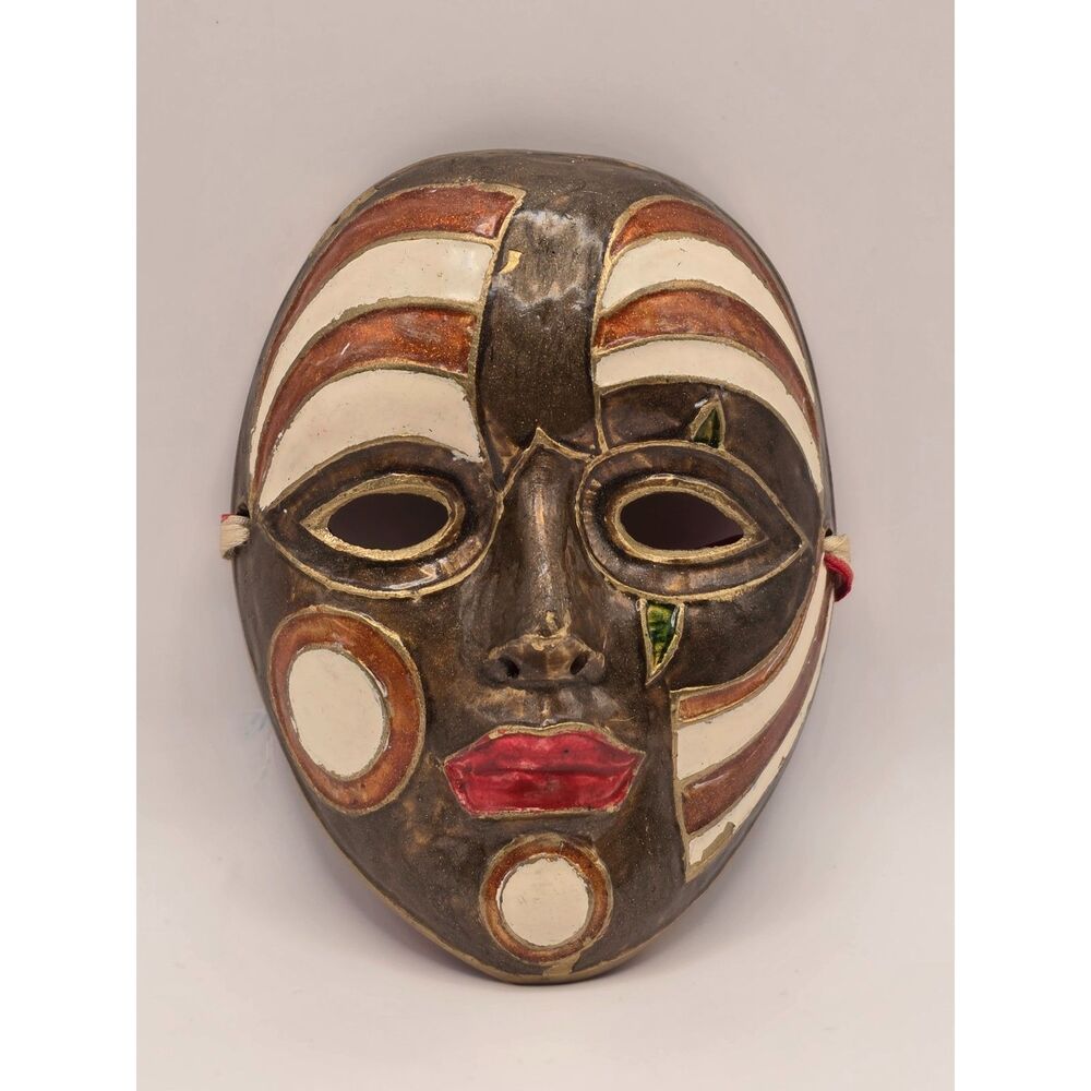 Brass Bronze Face Mask Wall Decor Art Mid-Century Enamel Brass Mask Hindu Mimo